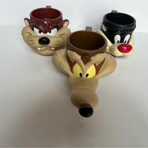Rare vintage trio Looney Tunes character face mugs Tazz Sylvester Will e coyote